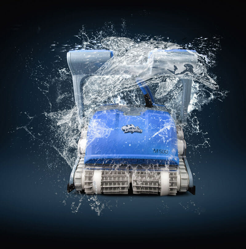 The M500 Dolphin swimming pool cleaner, splashing water